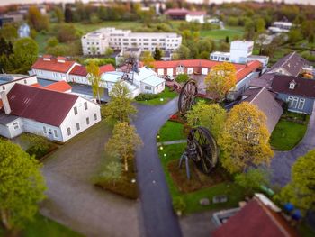 High angle view of street amidst buildings in town