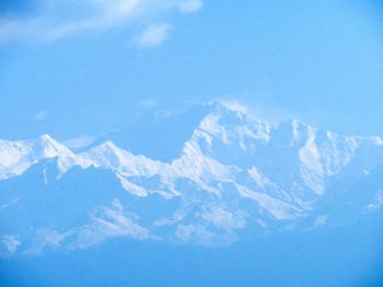 Scenic view of mountains against blue sky