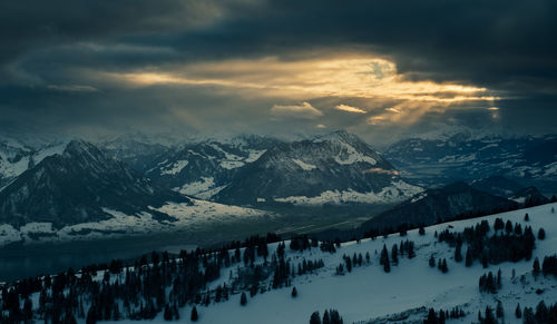 Panoramic view of snowcapped mountains against sky during sunset