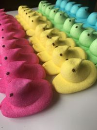 High angle view of multi colored candies on table