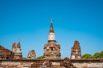 Low angle view of temple building against clear blue sky