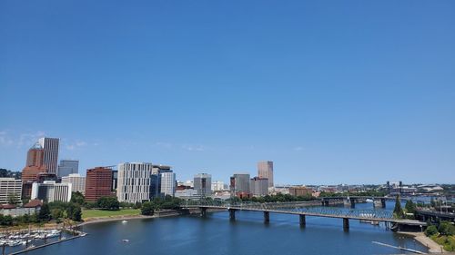 River amidst buildings against clear blue sky