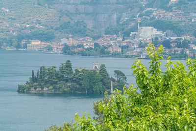 Aerial view of loreto island in the lake iseo
