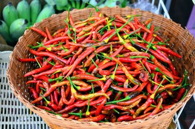 High angle view of red chili peppers in basket at market