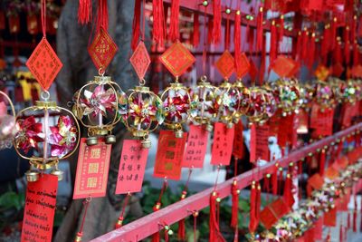 Close-up of padlocks hanging in row