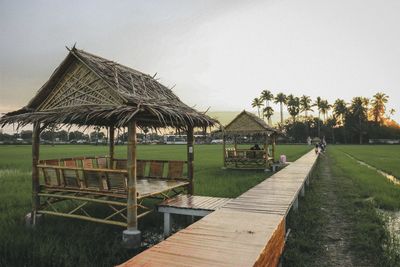 View of wooden house against clear sky