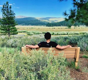 Rear view of woman sitting on land