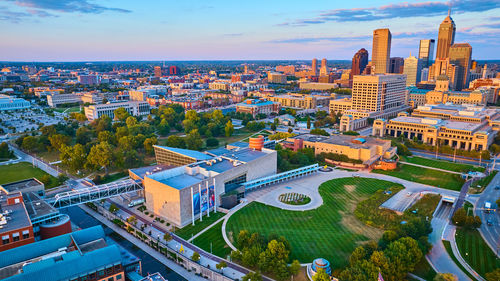 High angle view of cityscape against sky