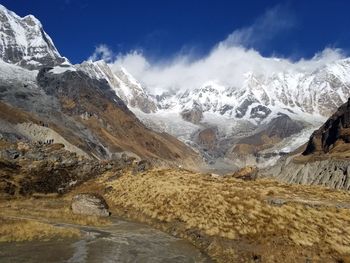 Scenic view of snowcapped mountains against sky