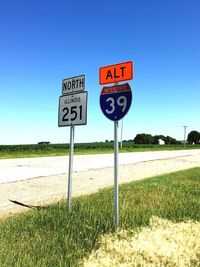 Road sign on field against clear sky