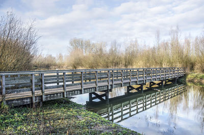 Wooden pedestrian bridge in a nature reserve near deventer, the netherlands