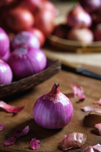 Close-up of onions on table