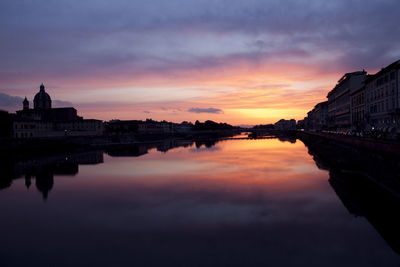 Reflection of buildings in city at sunset