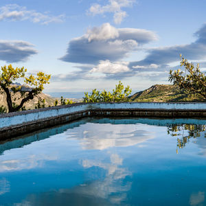 Reflection of trees in swimming pool against sky