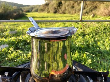 Close-up of vintage car on land