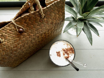 High angle view of coffee cup on table
