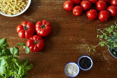 High angle view of cherry tomatoes on table