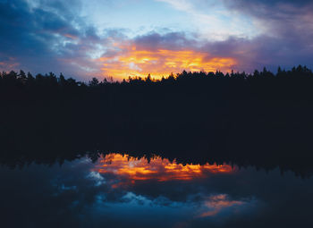 Scenic view of silhouette trees against orange sky