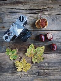 High angle view of camera by leaves and chestnuts on table