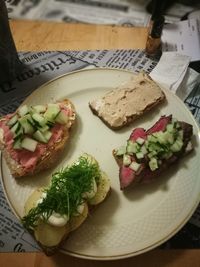 High angle view of breakfast served on table