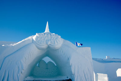 Low angle view of building against clear blue sky