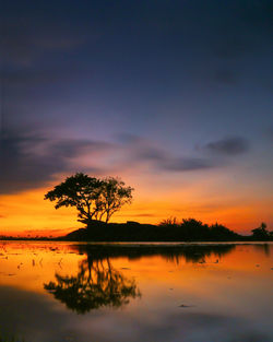 Silhouette trees by lake against sky during sunset