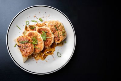 High angle view of food in plate on table