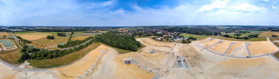High angle view of buildings against sky