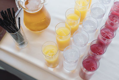 High angle view of drink in glass on table