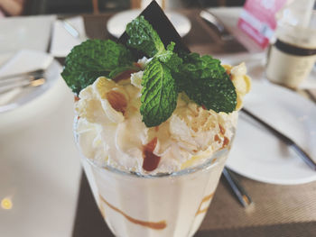 Close-up of ice cream on table