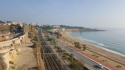 High angle view of beach against clear sky