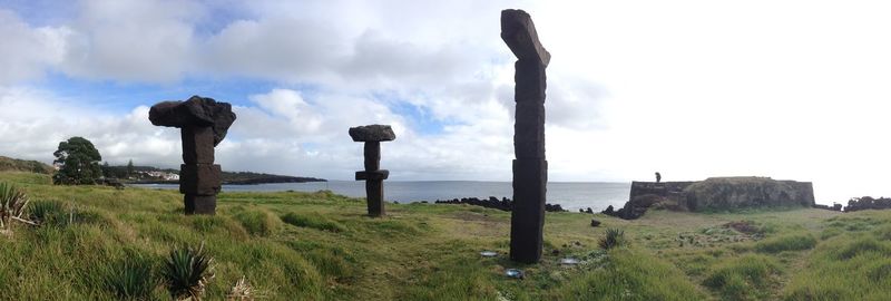 Panoramic view of wooden post on field against sky