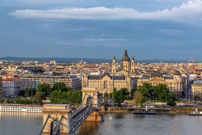 View of buildings in city against cloudy sky