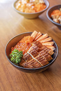 High angle view of food in plate on table