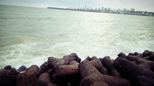 Close-up of sea shore against sky