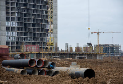 Black sewer pipes for laying an external sewage system at a construction site. sanitary drainage 