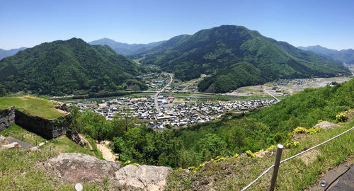 High angle view of plants and mountains against sky