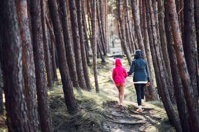 Summer vacation trip close to nature. family walking in forest. people actively spending time