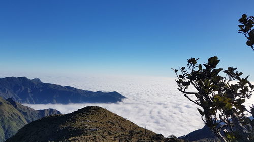 Scenic view of mountains against clear blue sky