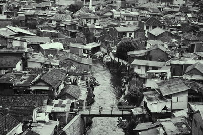 High angle view of city by sea