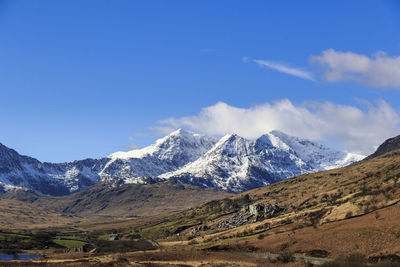 Scenic view of snowcapped mountains against sky