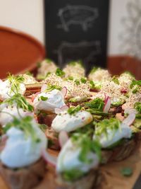 High angle view of food served on table