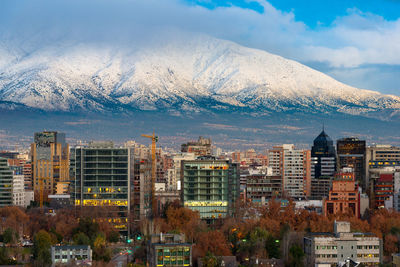 Buildings in city against snowcapped mountain