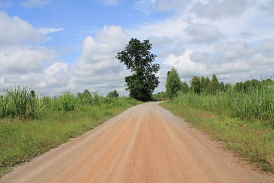 Dirt road amidst field against sky