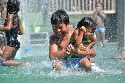 Children playing in swimming pool at water park