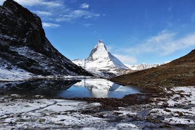 Amazing scenic view of matterhorn beside riffelsee lake in a sunny day. stock photo 