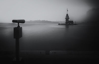 Lighthouse by sea against clear sky