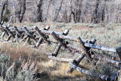 High angle view of wooden fence on field