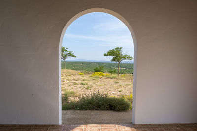 Trees on landscape seen through window