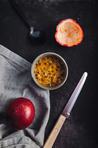 High angle view of fruits in bowl on table